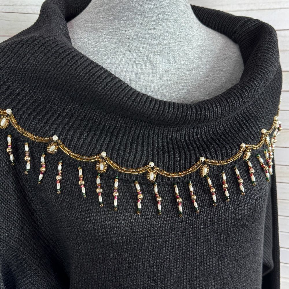 Vintage Victoria Jones 90s Floral Beaded Cowl Neck Tunic Sweater Black Medium - Picture 5 of 11